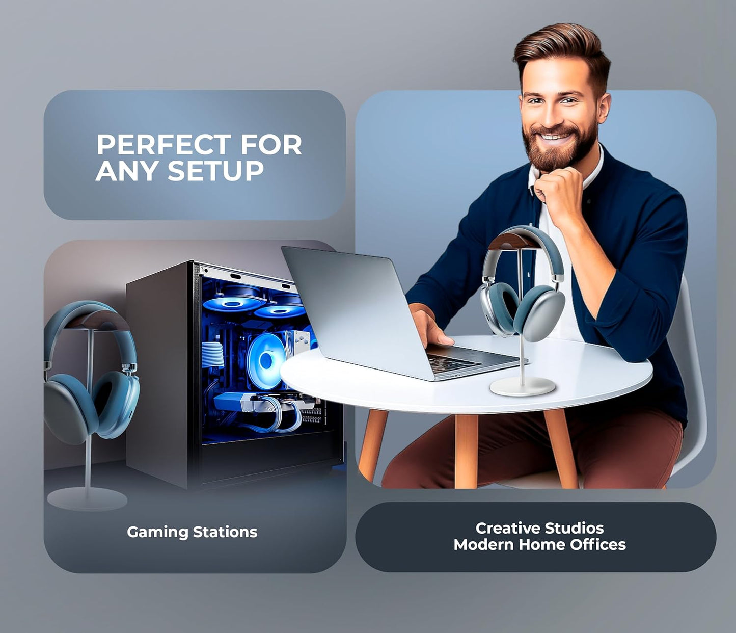 Headphone Stand for Desk – Premium & Minimalist Headset Holder with Round or Oval Base for Gaming, Office & Home (Silver Wood, Standard)