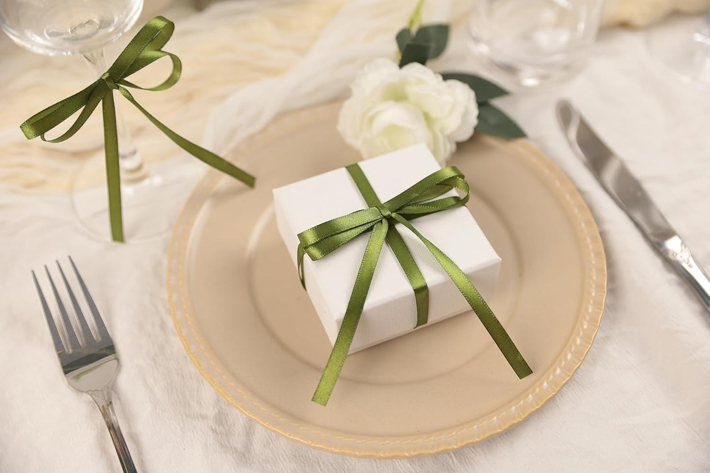 Olive Green Satin Ribbon 1/4 inch X Continuous 100 Yards, Single Face Polyester Ribbon Perfect for Gift Wrapping, Flower Bouquet, Wedding Decor, Crafts, Bow Making, Sewing and More