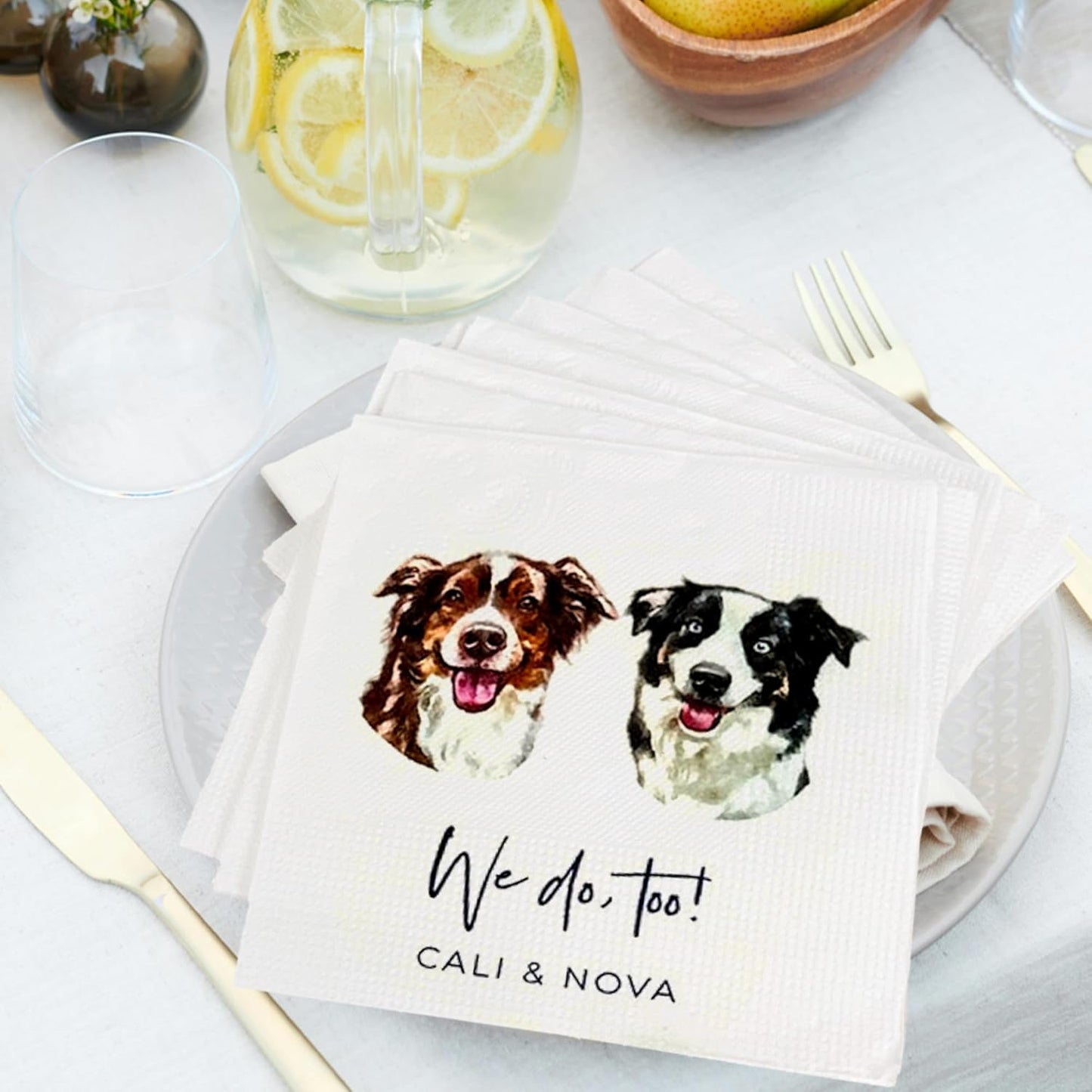 Luxury Personalized Dog Wedding Napkins, Personalized Photo Napkins for Dog, Custom Wedding Cocktail, Bridal Shower, Engagement Party Style 9