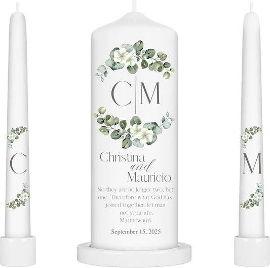 Unity Candles for Wedding, Modern Unity Set, Custom and Personalized Pillar and Taper Candles with Bible Quote, Unscented White Premium Wax, Religious and Wedding Ceremony, Special Events (Greenie)