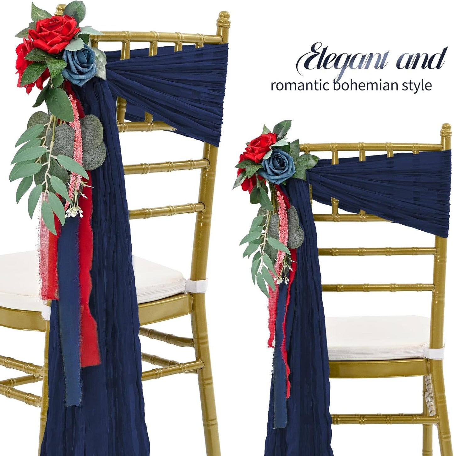 50 PCS Cheesecloth Chair Sashes Bows Wedding Aisle Decorations Chair Ribbon Ties Back Sash for Wedding Party Events Banquet Chair Cover Decoration (Navy Blue)