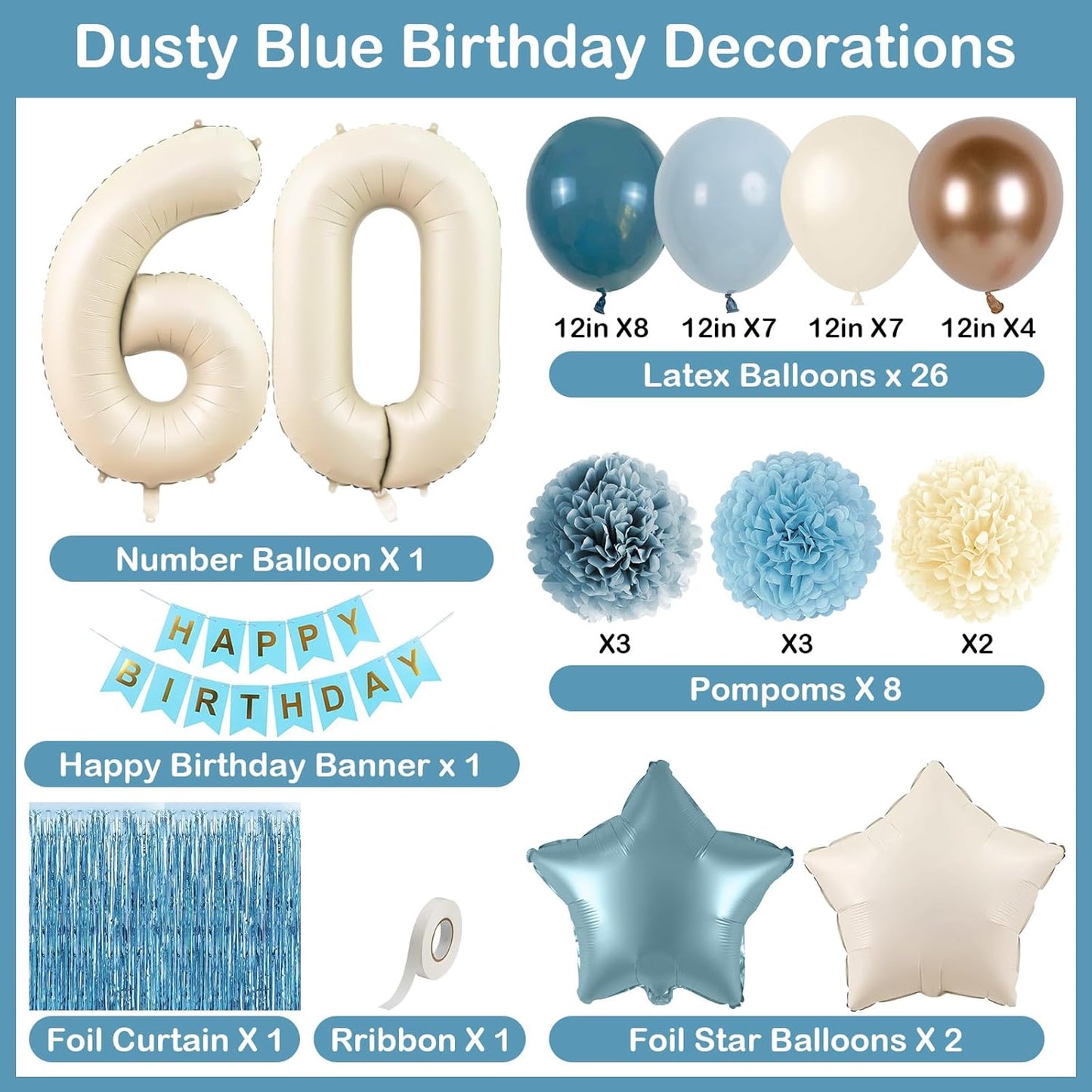 Dusty Blue 60th Birthday Party Decorations for Women Men Beige Cream Number 60 Balloon with Blue Gold Happy Birthday Banner Fringe Curtain Paper Pom Poms Nude White Sand Champagne Star Foil Balloons