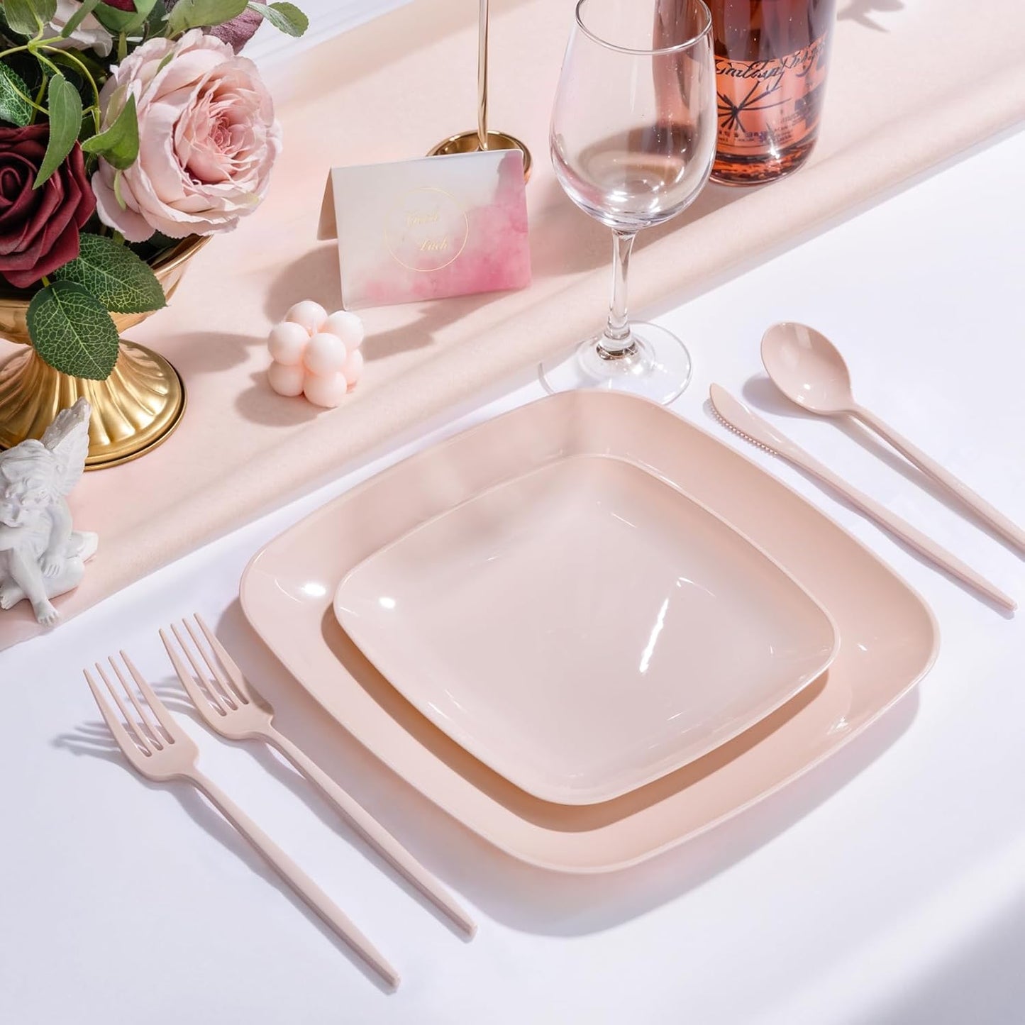 PULOTE 60PCS Pink Square Plastic Plates Disposable - Premium Quality Pink Set Include 30 Dinner / 30 Dessert Plates for Party,Wedding & Mother’s Day