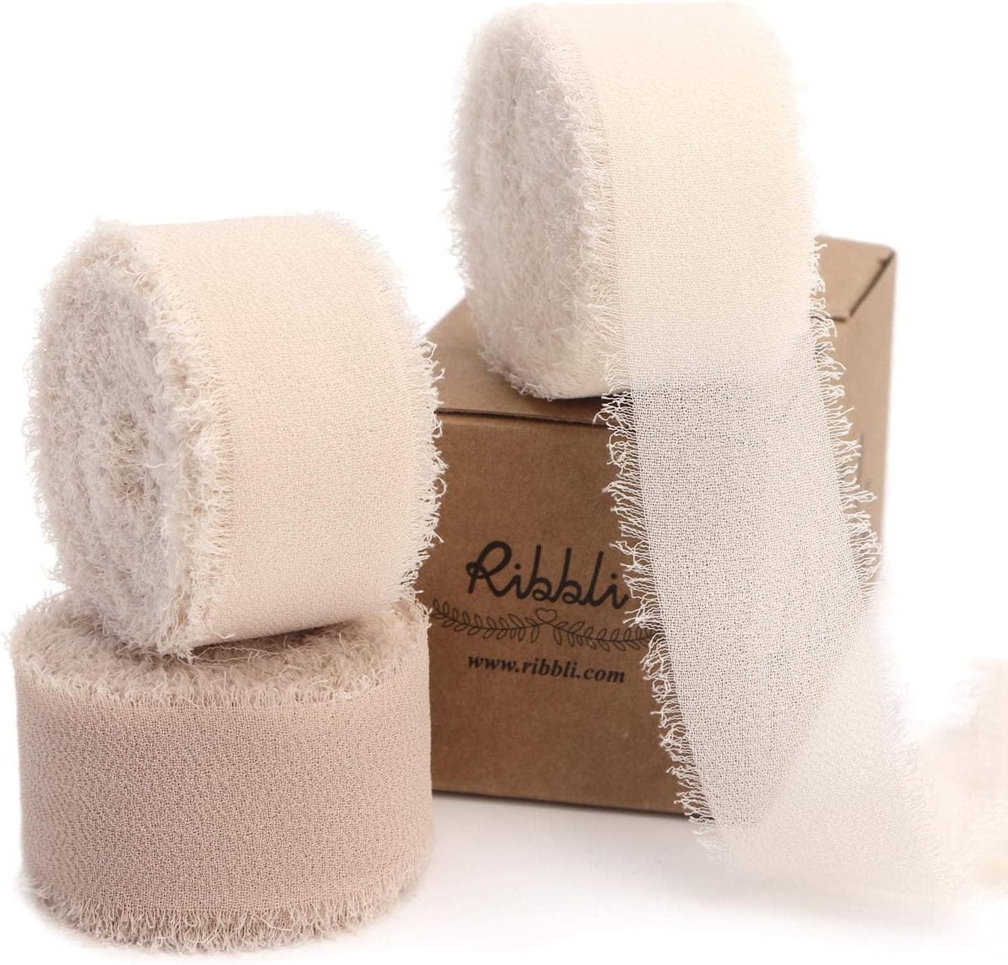 Ribbli Nude Ribbon 1 Inch x 3 Rolls Total 24 Yards Cream/Nude/Beige Handmade Fringe Chiffon Silk Ribbon for Wrapping Wedding Invitations Bridal Bouquets DIY Crafts Home Decor