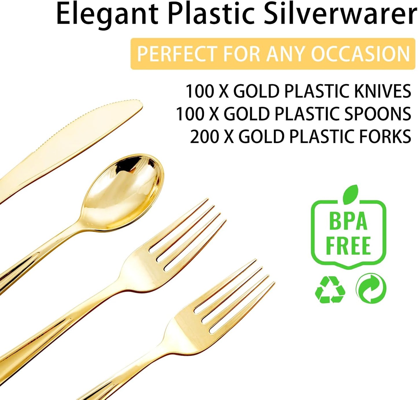 NOCCUR 400PCS Gold Plastic Silverware - Gold Plastic Cutlery Include 200 Forks, 100 Spoons, 100 Knives, Disposable Silverware Perfect for Party&Daily Using