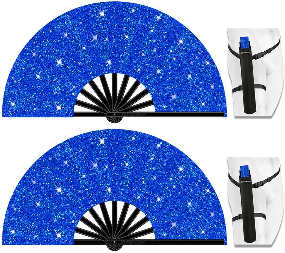 13" Large Folding Rave Fan with Holster, Clack Hand Fans Foldable for Line Dancing, Boots On The Ground Fan for Women Men Festival EDM Party Decoration, Glitter Blue 2 Pack