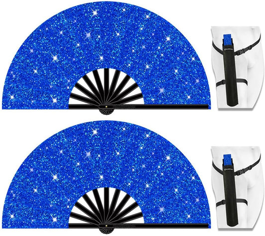 13" Large Folding Rave Fan with Holster, Clack Hand Fans Foldable for Line Dancing, Boots On The Ground Fan for Women Men Festival EDM Party Decoration, Glitter Blue 2 Pack