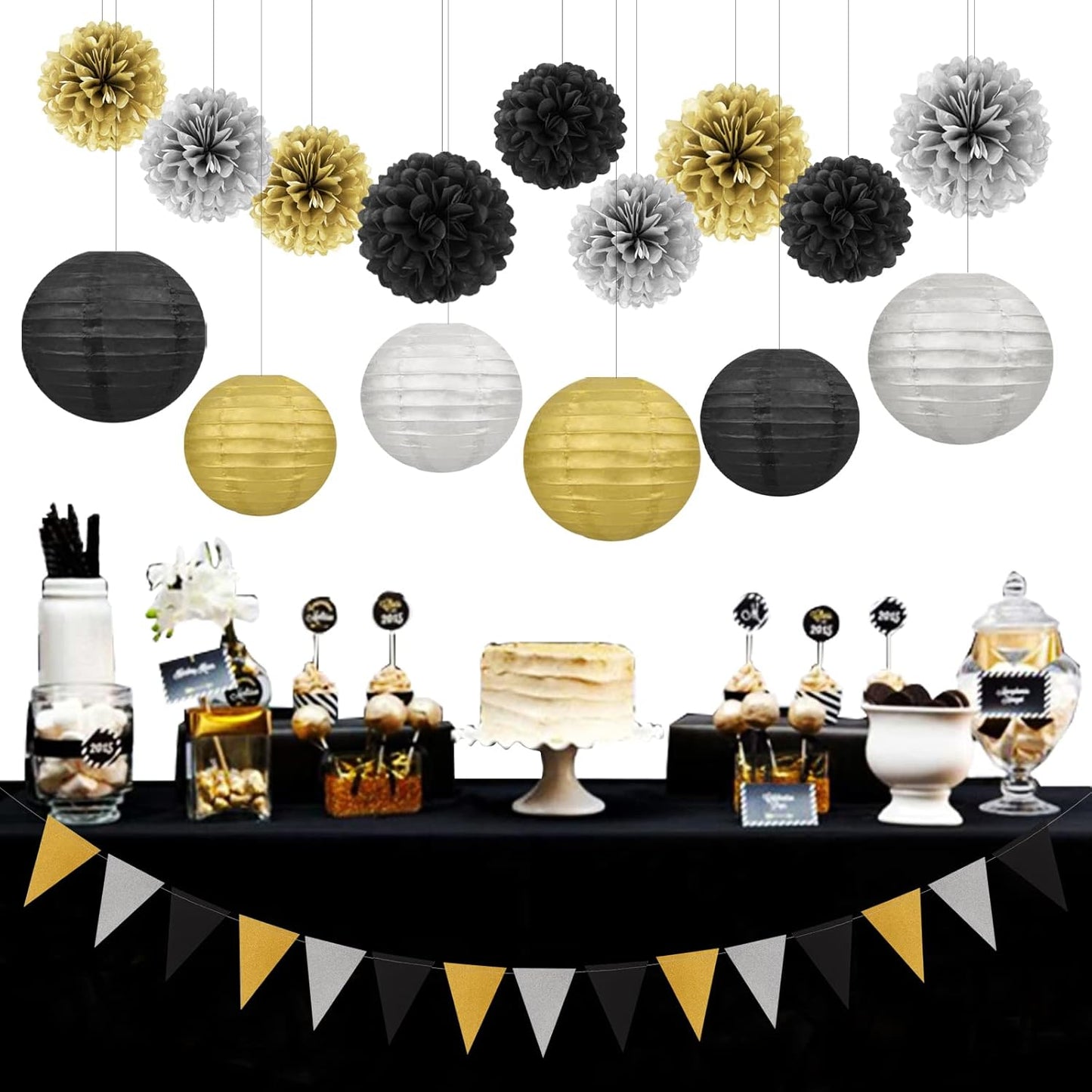 Black Silver Gold Party Decorations - 15Pcs Paper Flowers Tissue Pom Poms Paper Lanterns Graduation Hanging Decor Retirement Decoration 50th 80th 90th Men Birthday Anniversary HongTongTong