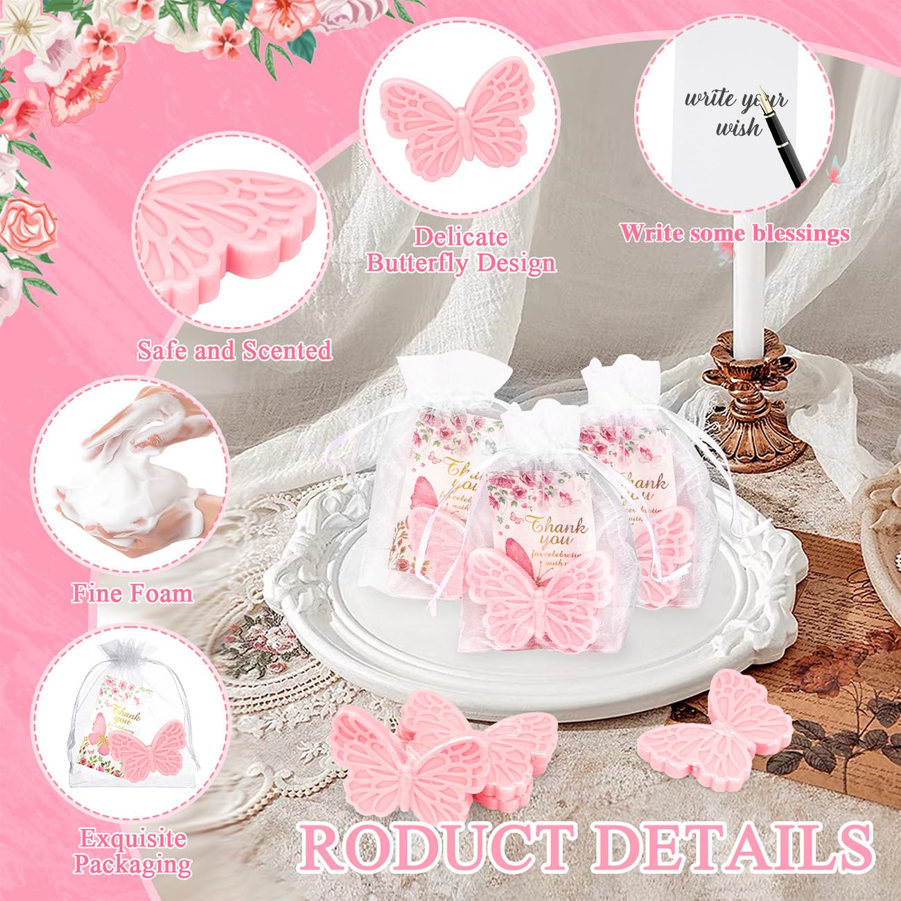 50Sets Butterfly Baby Shower Favors for Guests Butterfly Soap Favors Handmade Scented Soap with Thank You Cards Organza Bags for Gender Reveal Baptism Decorations Wedding Bridal Return Gift(50, Pink)