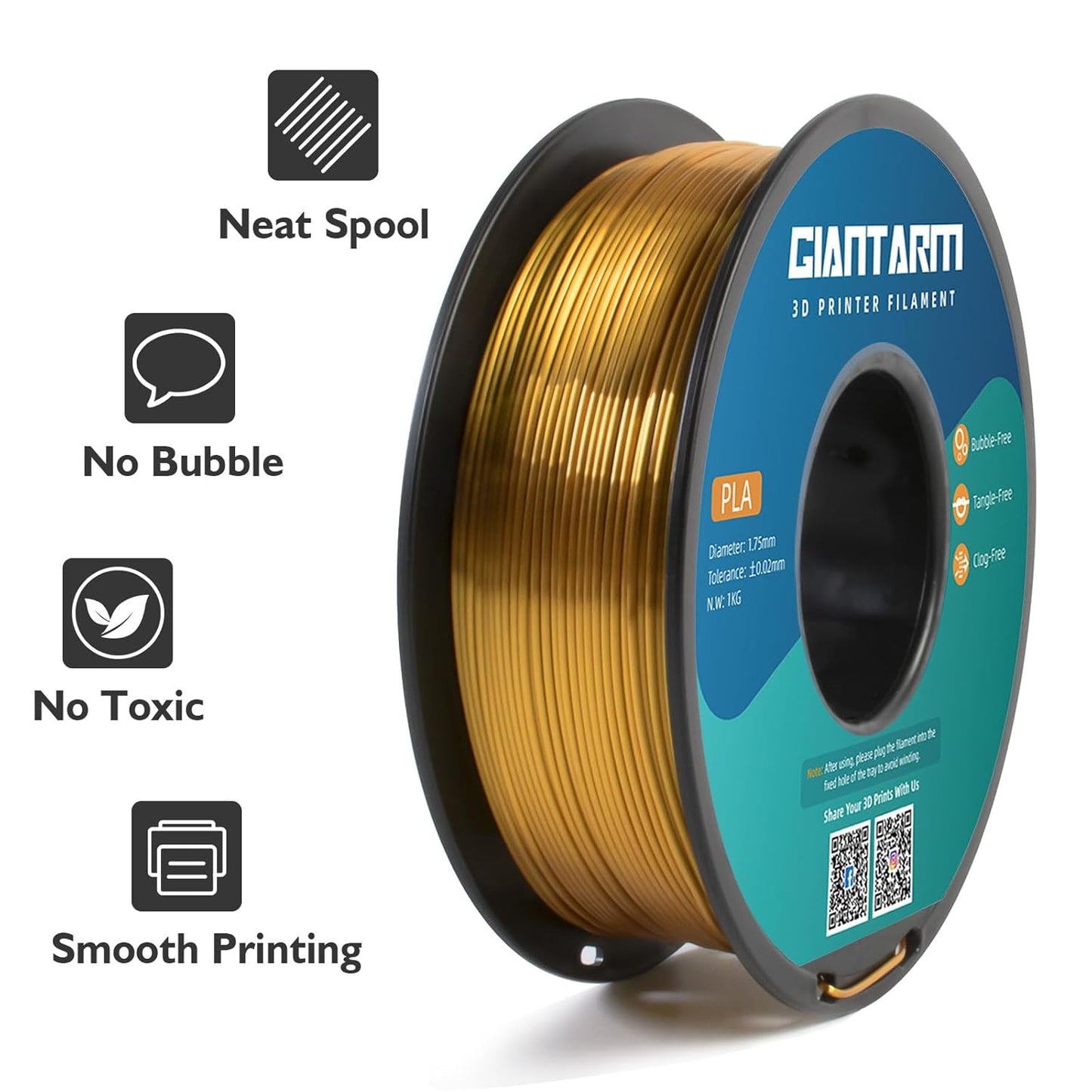 GIANTARM 3D Printer Filament, Silk Gold Pla Filament, 1Kg(2.2lbs) Spool, 1.75mm Dimension Accuracy +/- 0.03mm, 3D Printing Filament