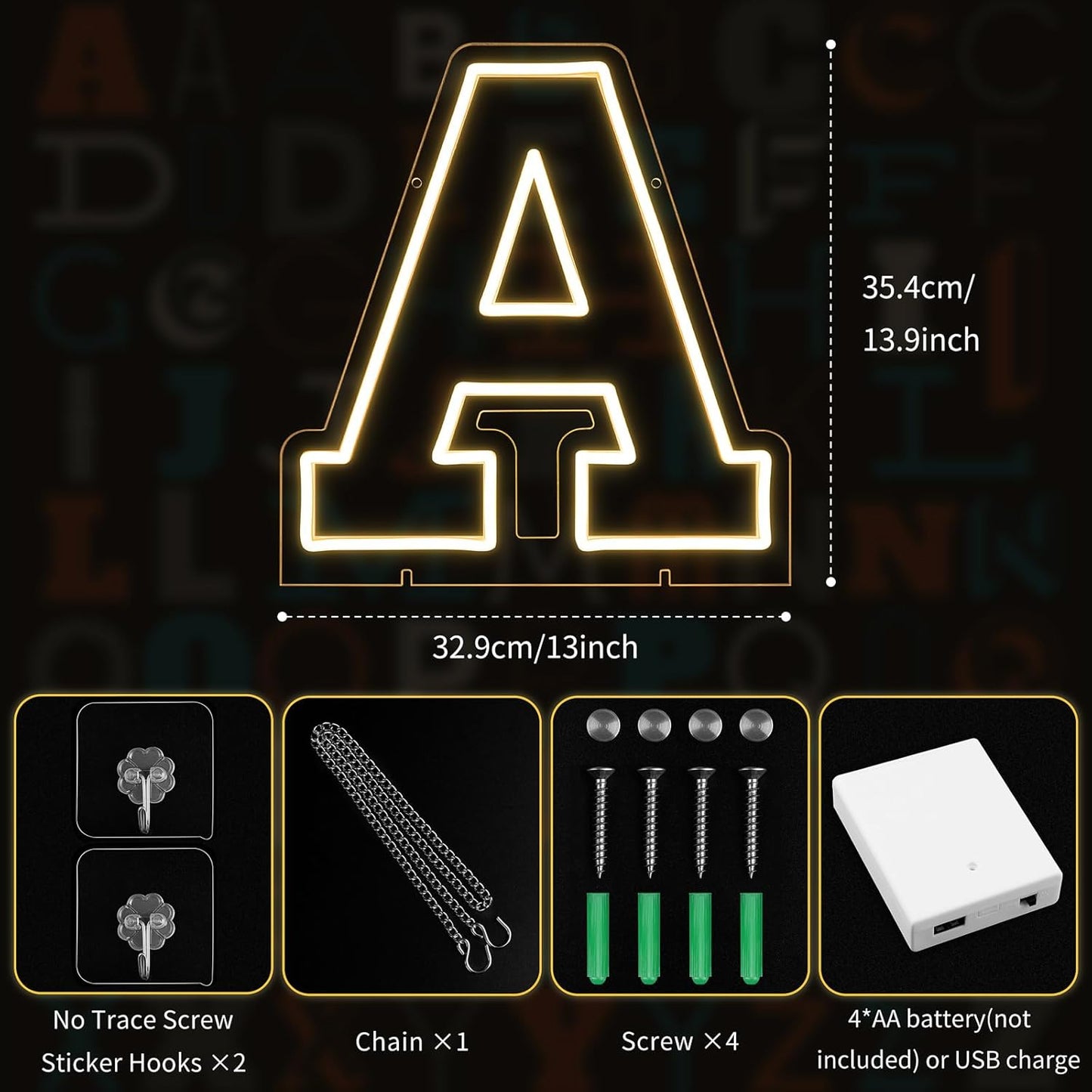 Light Up Letters A, Led Marquee Letter Lights Neon Sign, 13.9" Height Decorative Lighted Alphabet Number, Battery/USB Powered Led Letters Lights for Wedding, Birthday, Party, Christmas or Home Decor