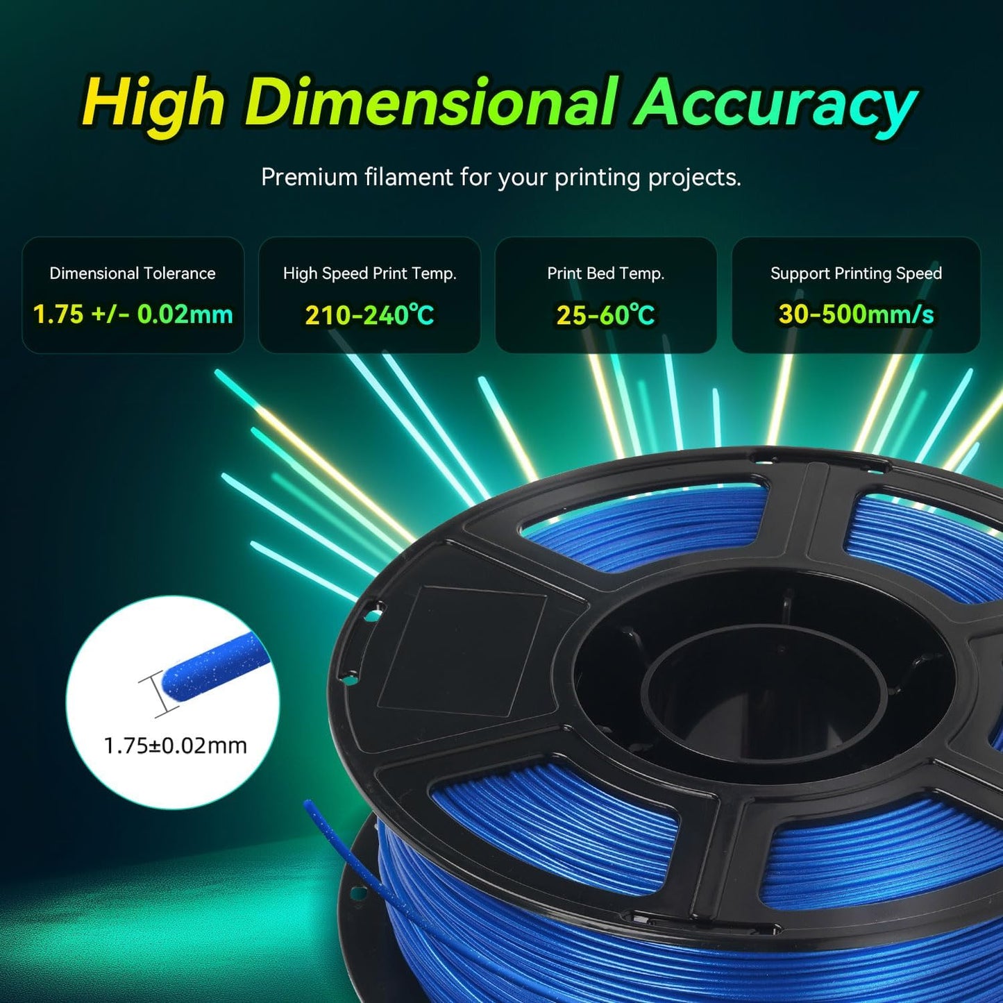 FLASHFORGE Xmas Series Rapid PLA Filament Aurora Blue, High Flow Speedy 3D Printer Filament Max 500mm/s High-Speed Printing, Radiated Unparalleled Brilliance, Twinkling and Ultra-Smooth Finish