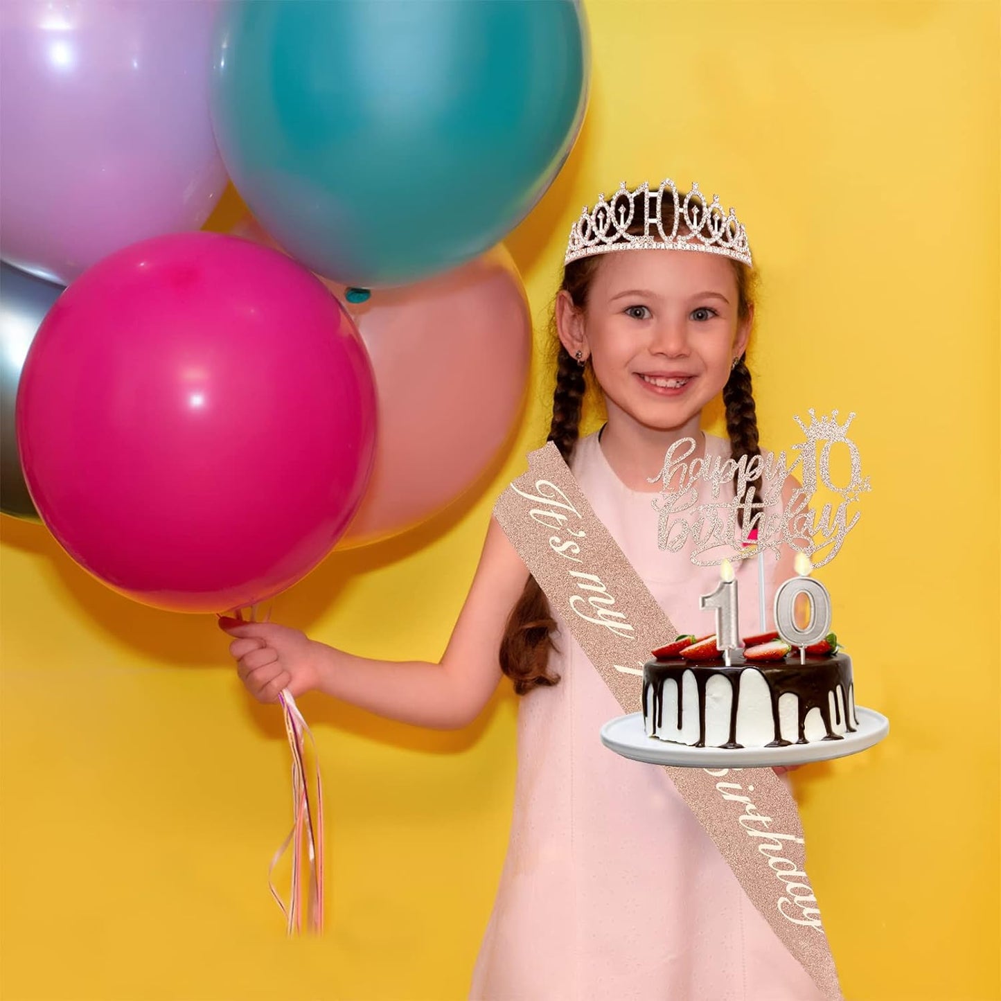 10th Birthday Decorations for Girls, Including Sash, Crown/Tiara, Candles, Cake Topper. 10th Birthday Gifts for Girls, Rose Gold Party Decor Supplies
