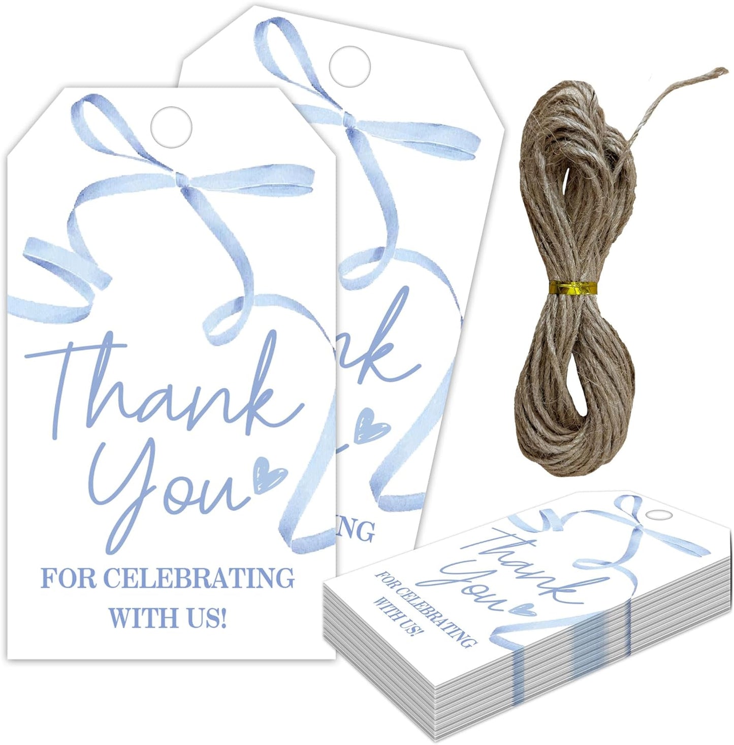 Thank You Gift Labels with String, 2x3.5 Inch Thank You for Celebrating with Us Tag, Blue Bow Print, Gift Tags for Birthday Party Baby Bridal Shower Wedding Favor-A14