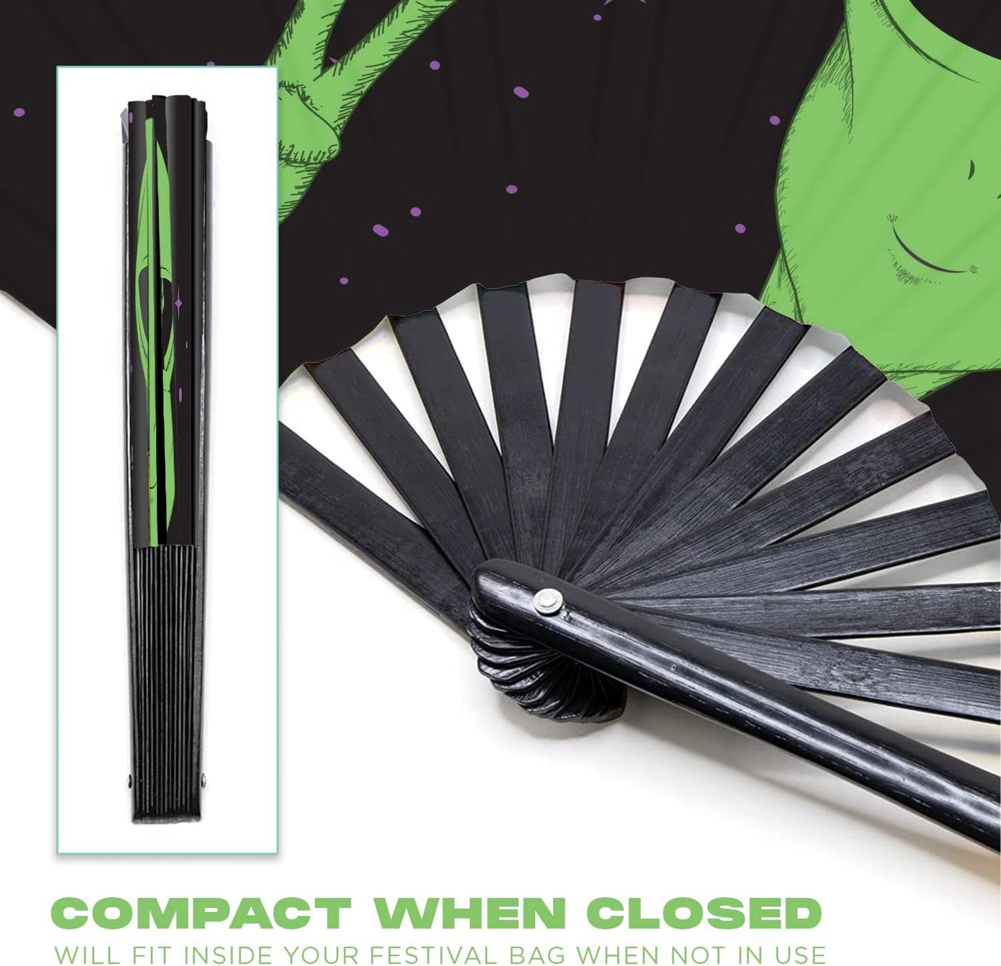 GloFX Folding Fan - Alien - Large Rave Clack Folding Hand Fan for Men/Women - for EDM, Music Festival, Club, Event, Party, Dance, Performance, Decoration, Gift