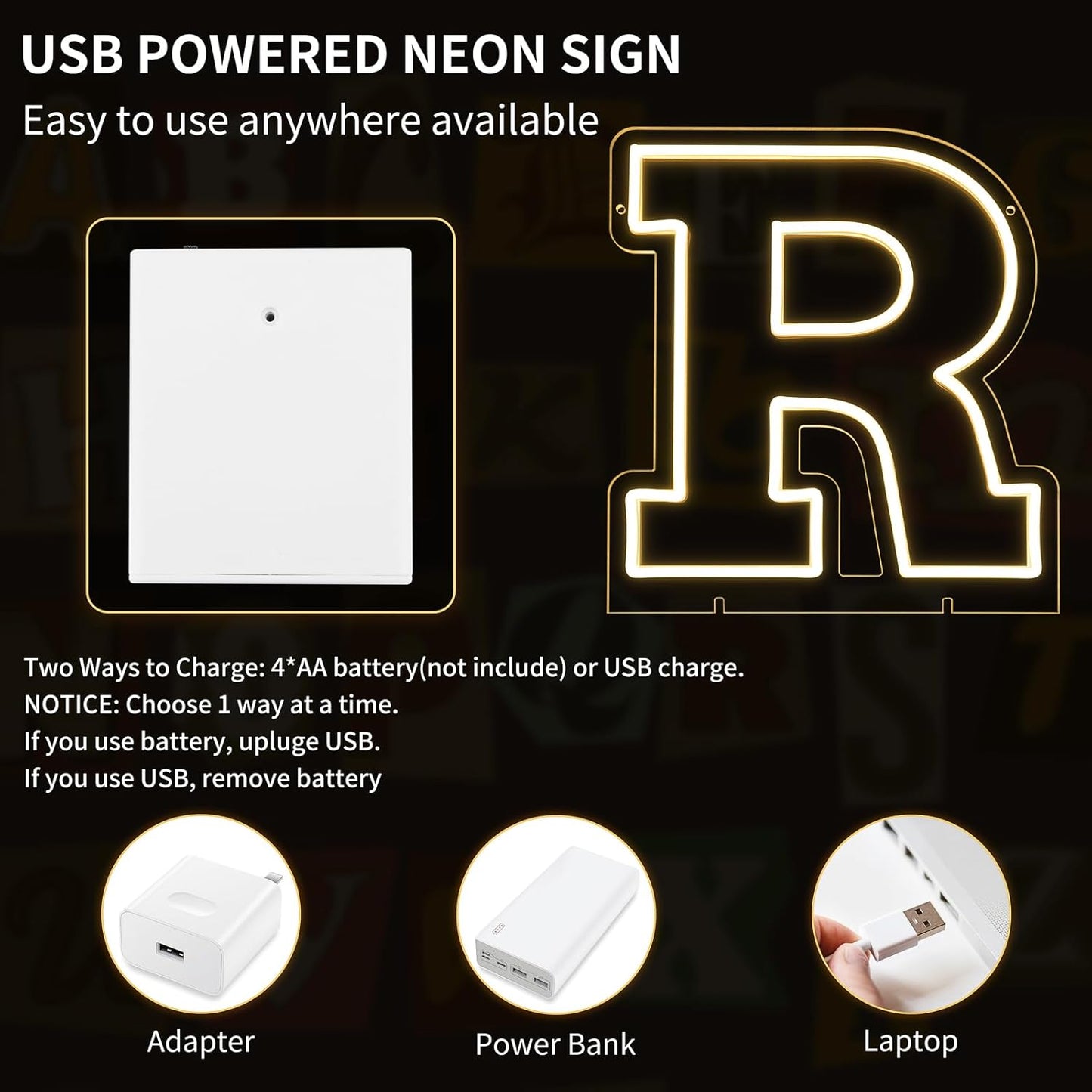 Light Up Letters R, Led Marquee Letter Lights Neon Sign, 13.9" Height Decorative Lighted Alphabet Number, Battery/USB Powered Led Letters Lights for Wedding, Birthday, Party, Christmas or Home Decor