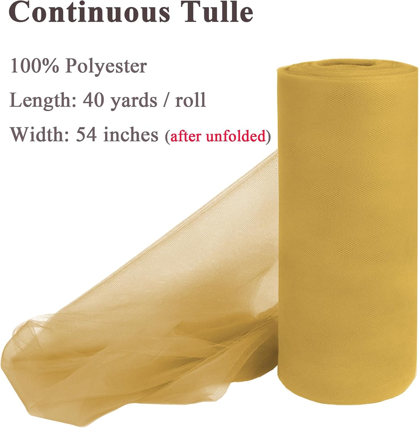 Dull Gold Yellow Tulle Fabric Rolls 54 Inch x 40 Yards Large Mesh Tull Bolt for Wedding, Garden Netting, Tutu Skirt, Party Decoration and Craft Supplies