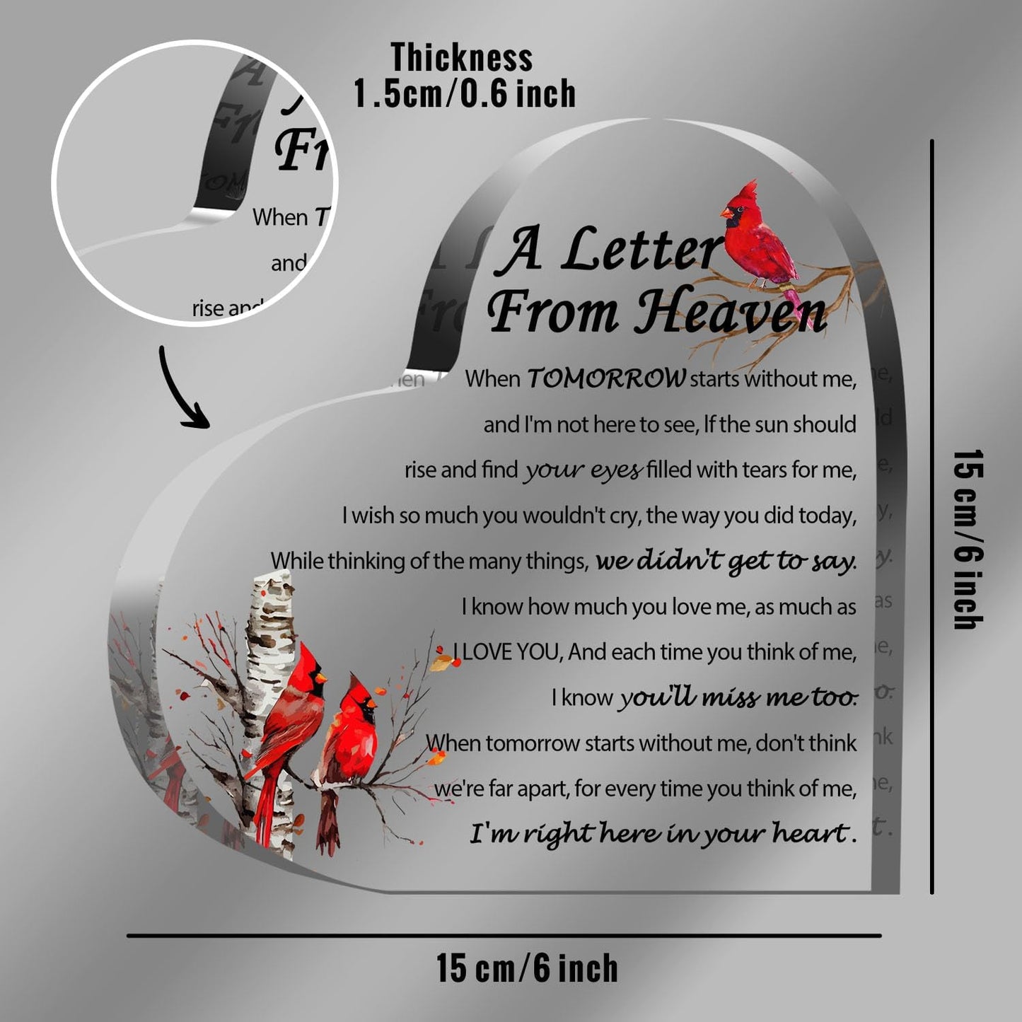 Sympathy Gifts, Red Cardinal Gifts - A Letter from Heaven - Crystal Acrylic Paperweight Remembrance Decorations