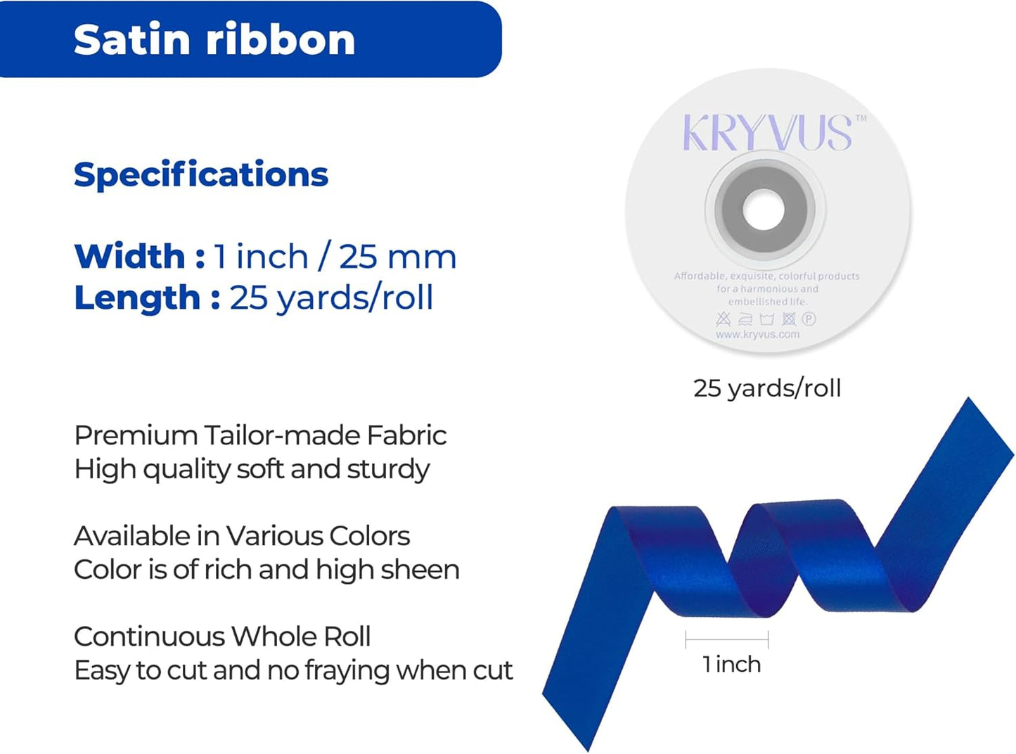 Dark Royal Blue Satin Ribbon 1 inch X Continuous 25 Yards, Single Face Polyester Ribbon Perfect for Gift Wrapping, Flower Bouquet, Wedding Decor, Crafts, Bow Making, Sewing and More