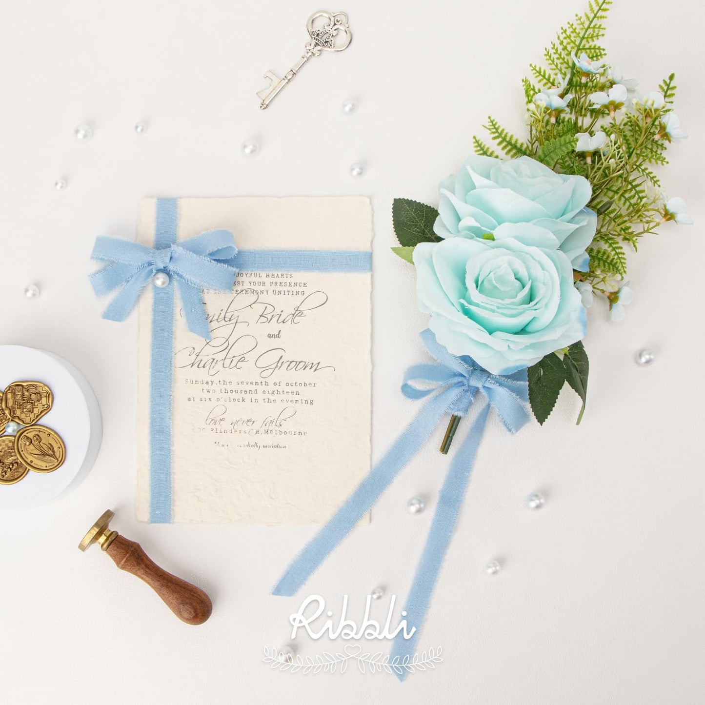 Ribbli 3 Rolls Blue Ribbon 5/8 Inch x 18Yards Light Blue Baby Blue Dusty Blue Handmade Cotton Frayed Fringe Ribbons for Gift Wrapping Wedding Invites Bridal Bouquets Baby Shower DIY Crafts Home Decor