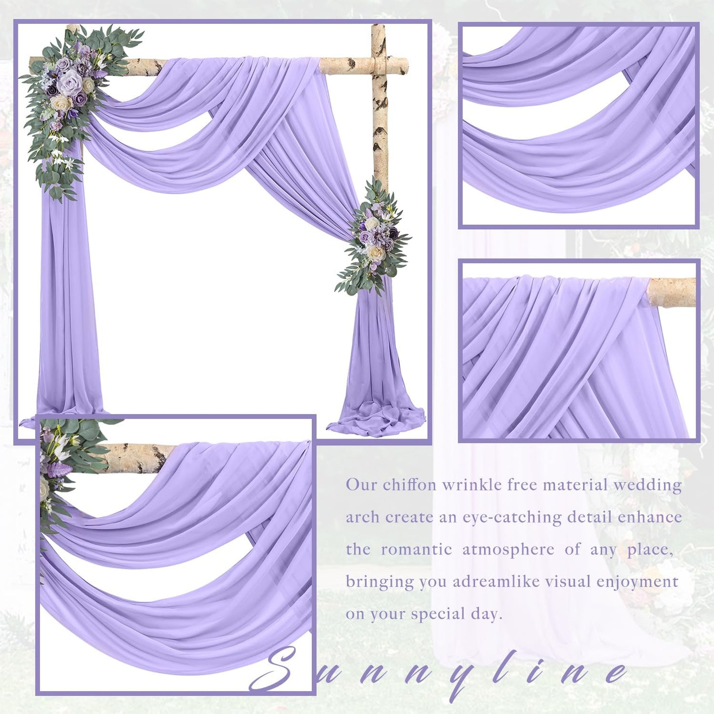 Wedding Arch Draping Fabric 4 Panels 20Ft Length x 28" Width Lilac Arch Drapes Chiffon Fabric Sheer Curtains Backdrop for Party Ceremony Wedding Ceiling Outdoor Indoor Stage Reception Decorations