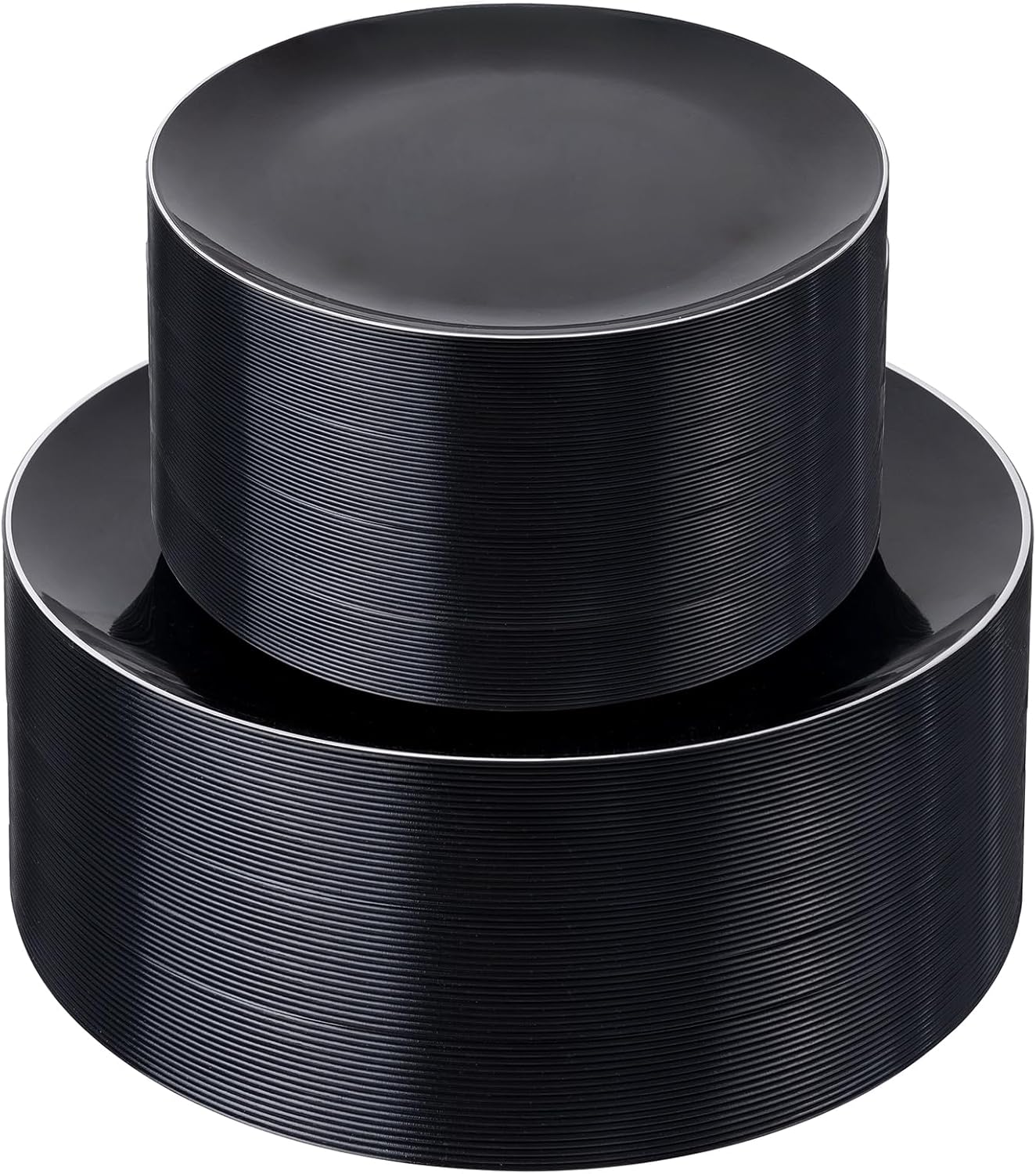 bUCLA 100PCS Black Plastic Plates - Heavy Duty Black Disposable with Silver Rim Include 50 Each (10 inch Dinner & 7 inch Dessert) Plates, Ideal for Party & Halloween