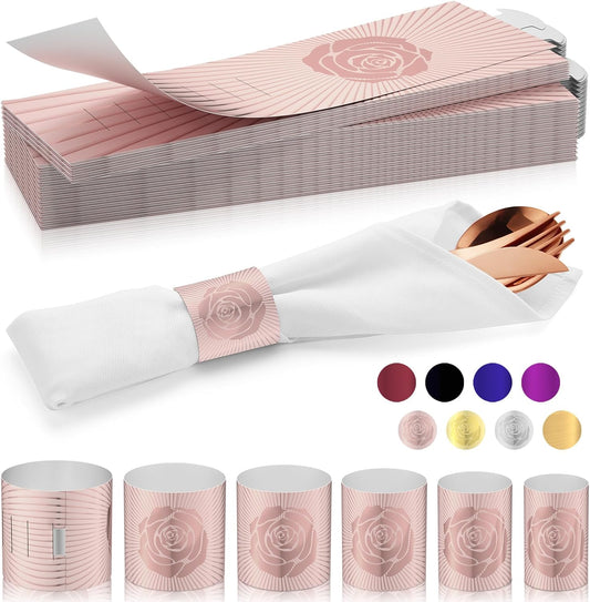 Polymer Material Reusable Napkin Band, Glue-Free Tear-Proof Water Resistant Oil-Proof Napkin Bands Set of 200(Front Rose Gold Color and Back Silver), 6 Adjustable Sizes Napkin Rings