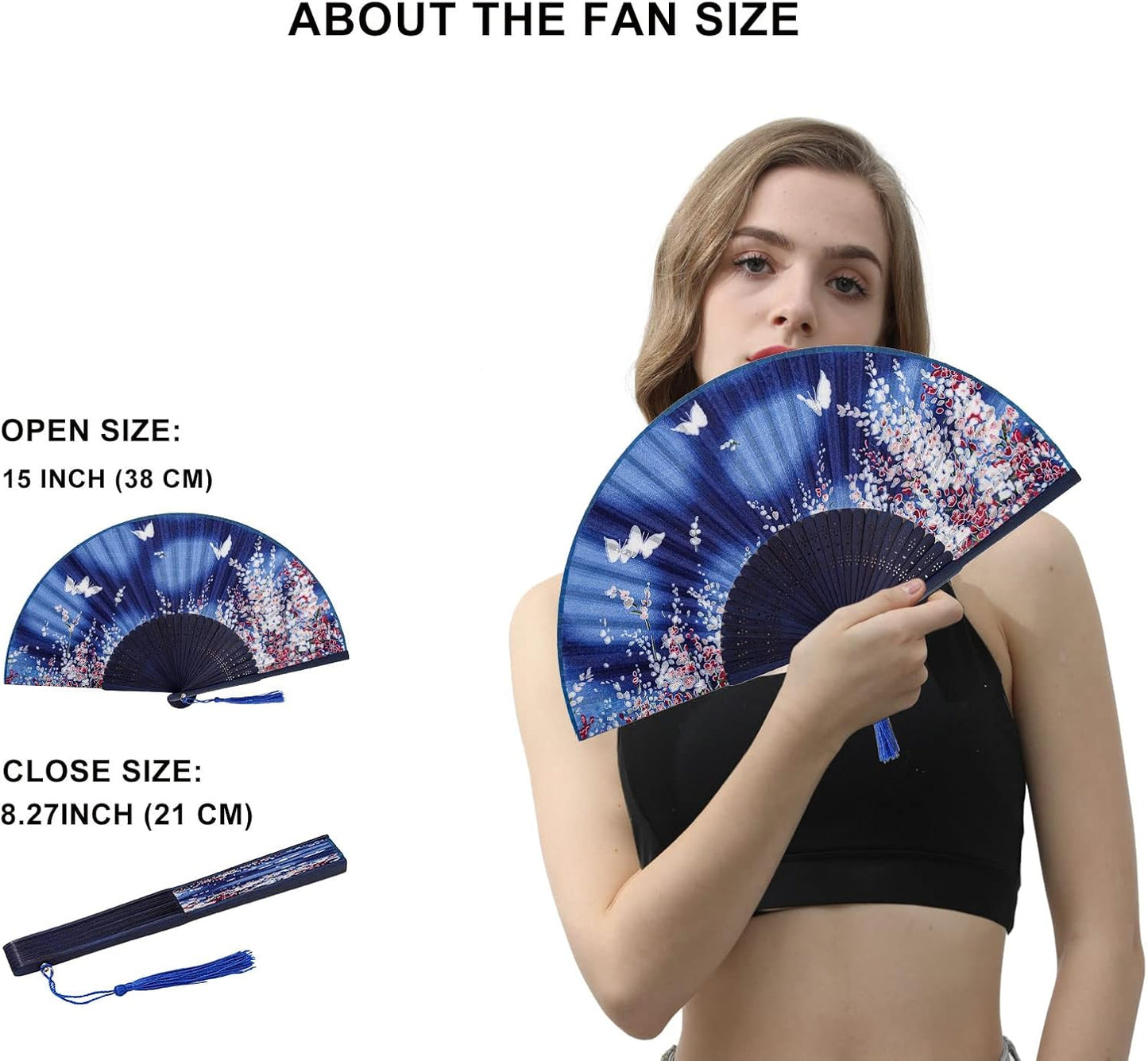 Amajiji 8.27"(21cm) Hand Held Bamboo Silk Folding Fan Hand Fan,Chinese/Japanese Charming Elegant Vintage Retro Style,Women Ladys Girls Best Gifts (Blue Butterfly)
