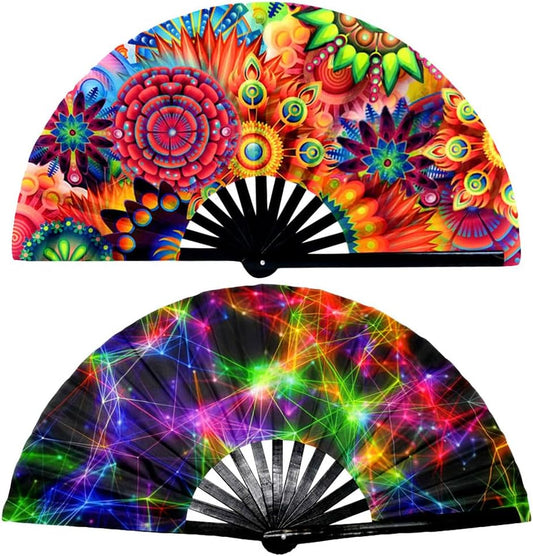 2 Pack Large Folding Rave Fan for Women/Men Holographic Festival Bamboo Clack Hand Fan Decorative Accessories for EDM, Music Festival, Event, Party, Dance, Performance,Halloween (Style-1)
