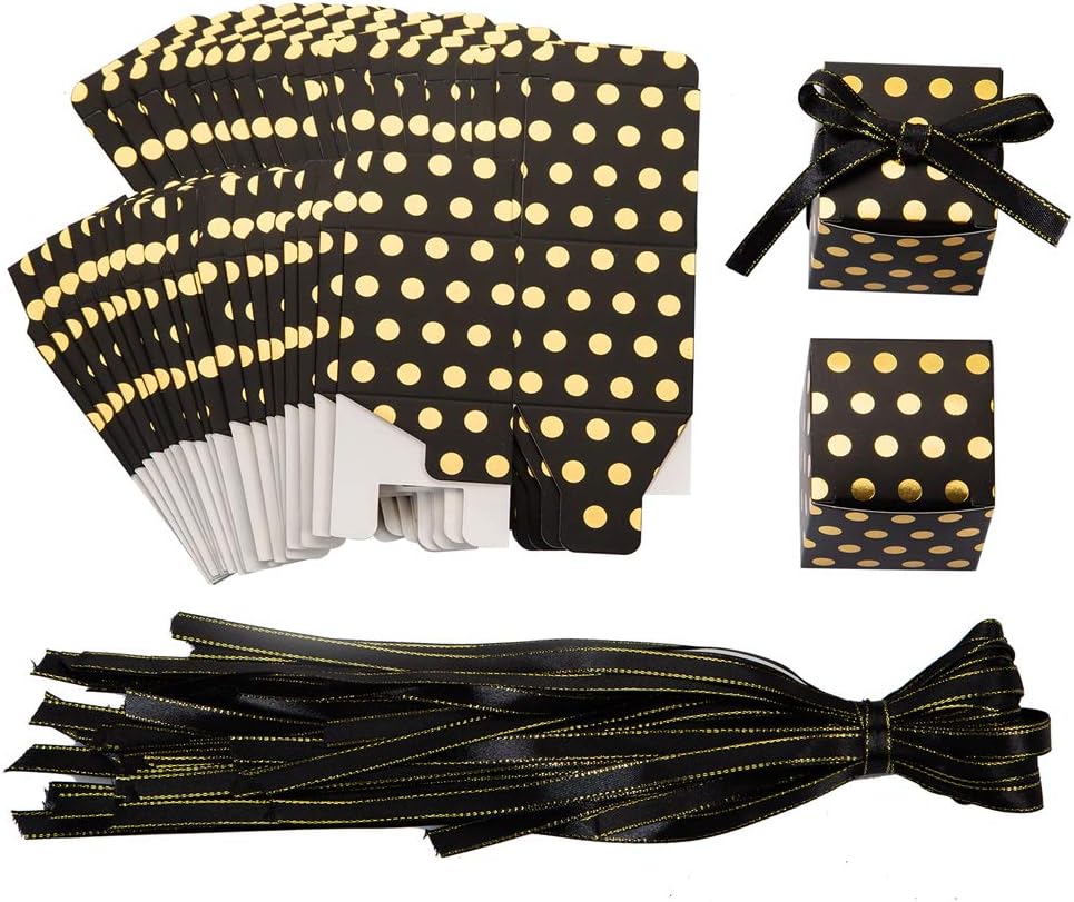 AWELL Black Gift Candy Box with Gold Dots Bulk 2x2x2 inches with Ribbon Party Favor Box, Gold Dots,Pack of 50
