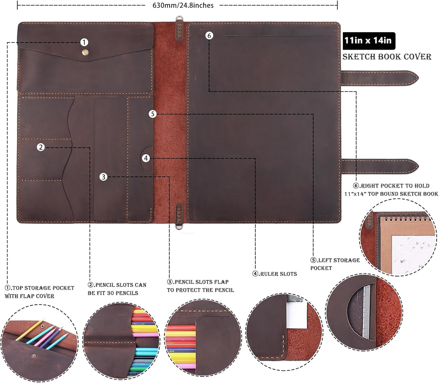 Robrasim Handmade Leather Sketchbook Cover, Artist Sketch Pad Holder for 11"X14" Top Spiral Bound Sketchbook, Drawing Book Pencil Case, Journal Portfolio with Shoulder Strap, Artist Gifts,Coffee