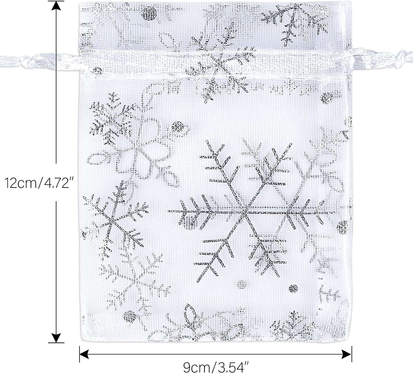 jijAcraft 3x4 Inch Christmas Organza Bags - 50Pcs White Snowflake Gift Bags with Drawstring, Xmas Party Favor Sheer Mesh Pouches for Winter Gift, Candy, Jewelry Bag