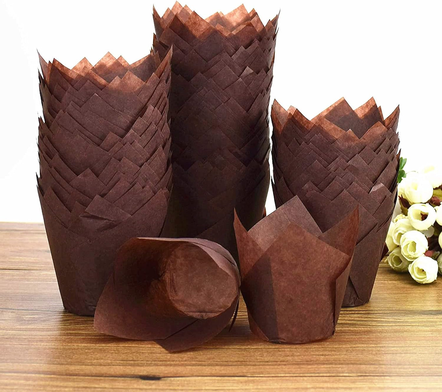 200pcs Tulip Cupcake Liners, Standard Greaseproof Paper Baking Cups Muffin Liners Holders Perfect for Bridal Showers, Baby Showers, Birthday Parties, Banquets, and Catering Events (Brown)