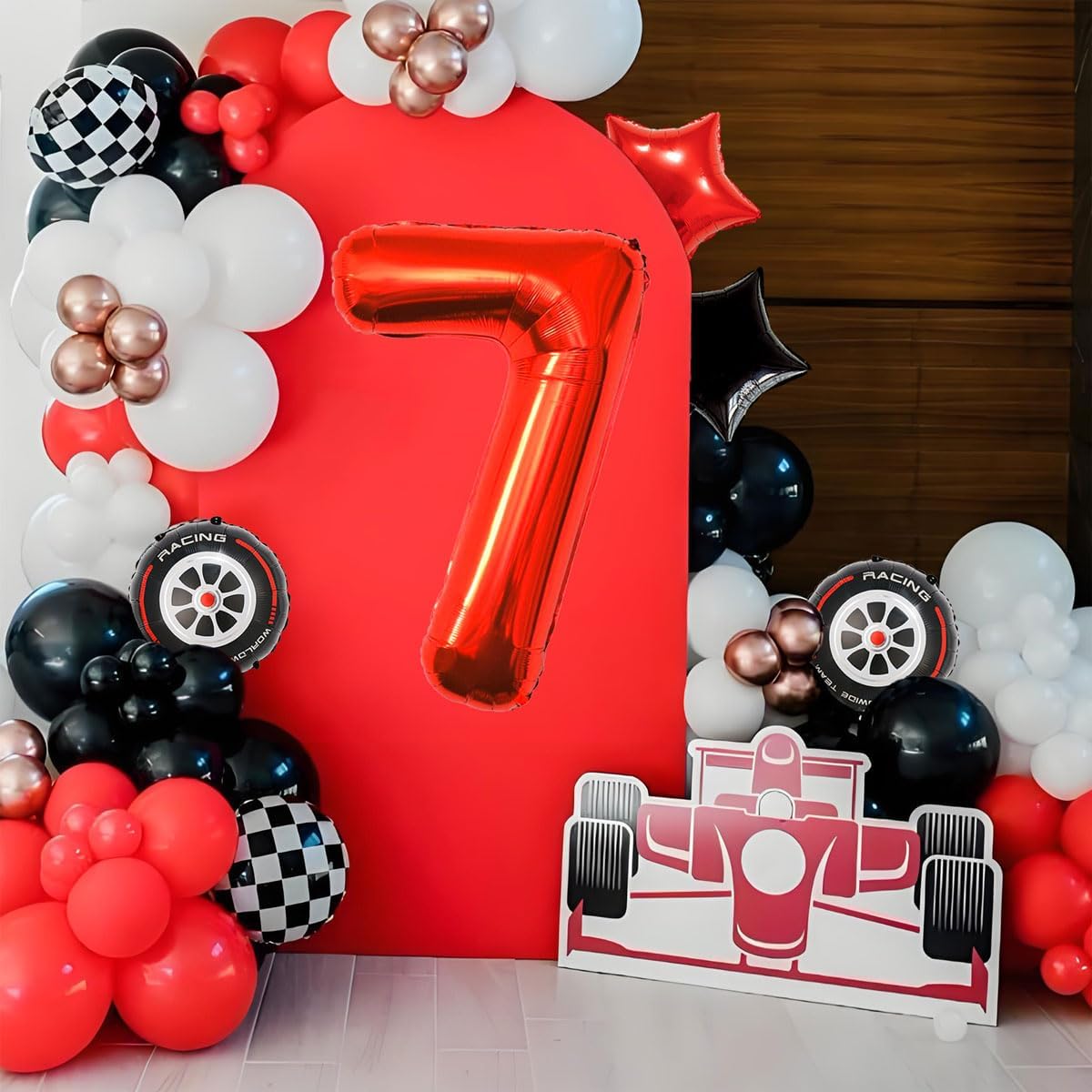 Race Car Birthday Party Decorations - 40 Inch Mylar Red Number 7 Balloons - Black Foil Checkered Race Car Balloons for 7st Birthday Race Cars Themed Party Decorations