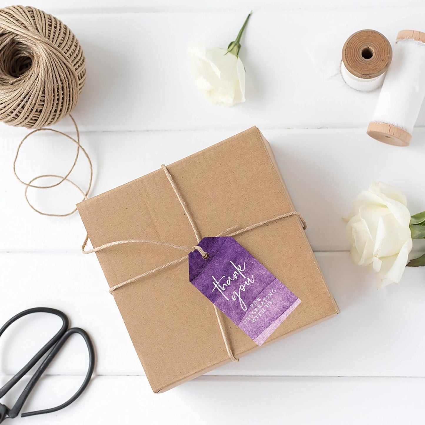 Andaz Press 100-Pack Thank You for Celebrating with Us Favor Tags Purple Watercolor Cardstock Gift Tags with Bakers Twine for Wedding Baby Shower Bridal Shower Birthday Party Favors 2 x 3.75-Inches