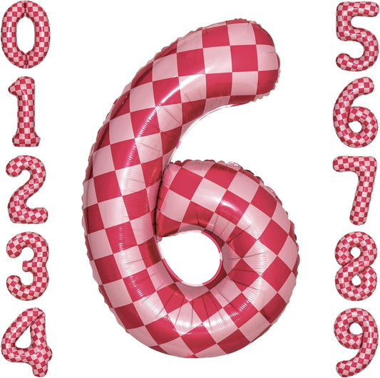 40 Inch Pink Checkered 6 Balloon Large Hot Pink Number Balloons for Girls 6th Birthday Decorations Pink Number 6 Balloon