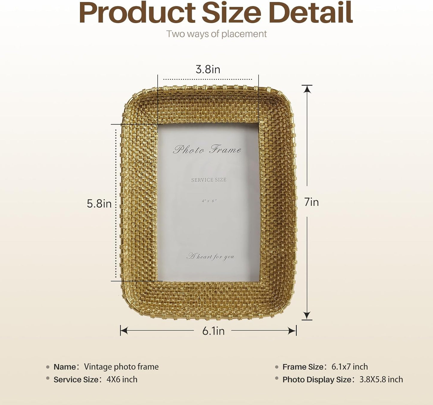 Cuspin 4x6 Picture Frame Vintage Gold Metal Rattan Textured Hand-Crafted Photo Frame with Glass Front, Antique Picture Frame for Tabletop Display & Wall Display, Retro Design Home Decor