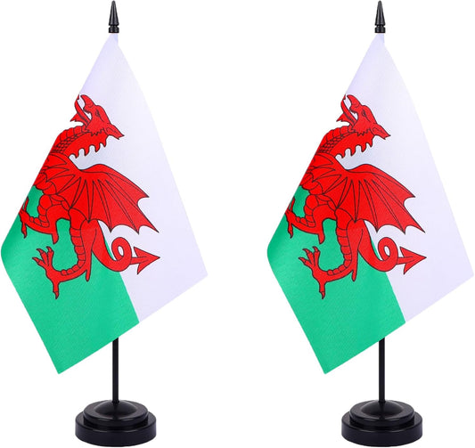 WXTWK 2 Pack Welsh Flag Welsh Deluxe Desk Flag Set - Mini Small Wales Table Office Flags with Black 12" Solid Pole Stand Base Classroom Meeting Desktop Decorations