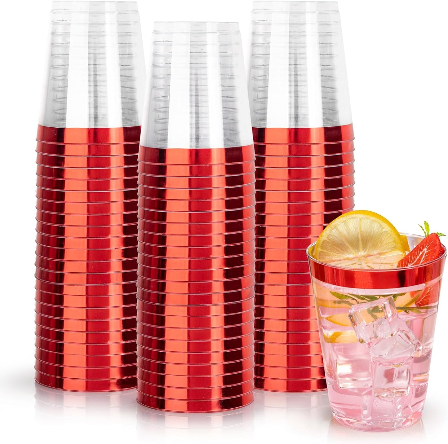 DaYammi 100 Pack Red Plastic Cups 10 Oz Clear Red Rimmed Plastic Cups for Party Fancy Disposable Cup for Wedding Disposable Glasses Clear Tumblers with Rim for Birthday Elegant Wine Cocktail Cup