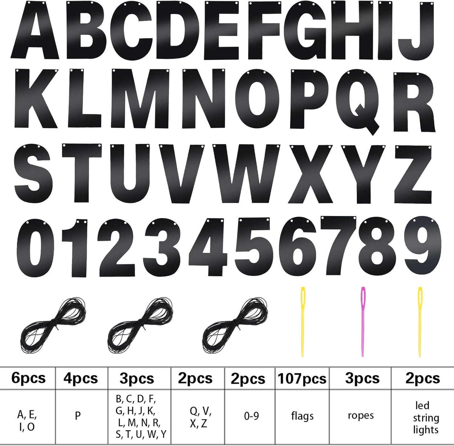 TaoBary 112 Pcs DIY Letter Kit Glitter Customizable Banner Letters Include 107 Letters and Numbers 3 Rope and 2 Needles for Birthday Halloween Christmas Wedding Valentine Party Decor(Bright Black)