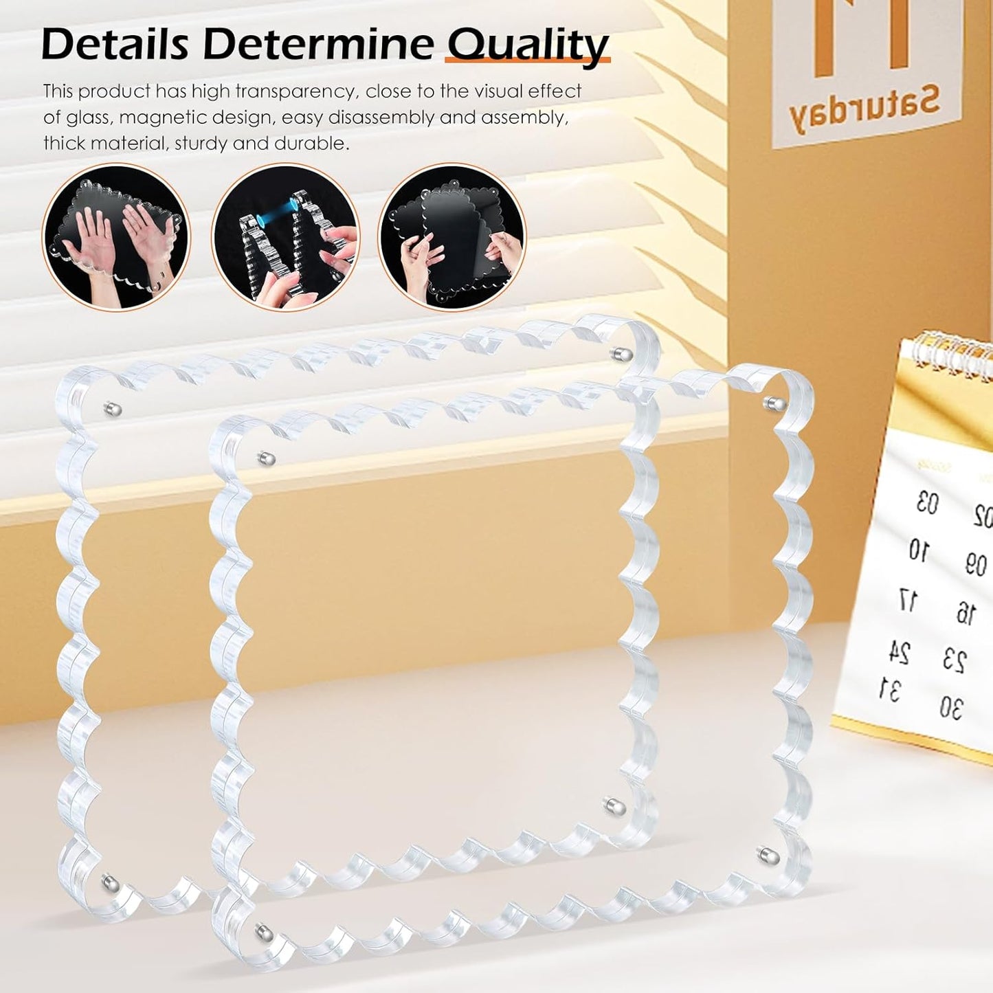 3Pack Scalloped Acrylic Photo Frame 8×10 Inch, 15+15mm Thick Block Clear Glass Photo Frame with Thick Block | Acrylic Picture Frames Modern Gift Set (3Pack, 8X10)