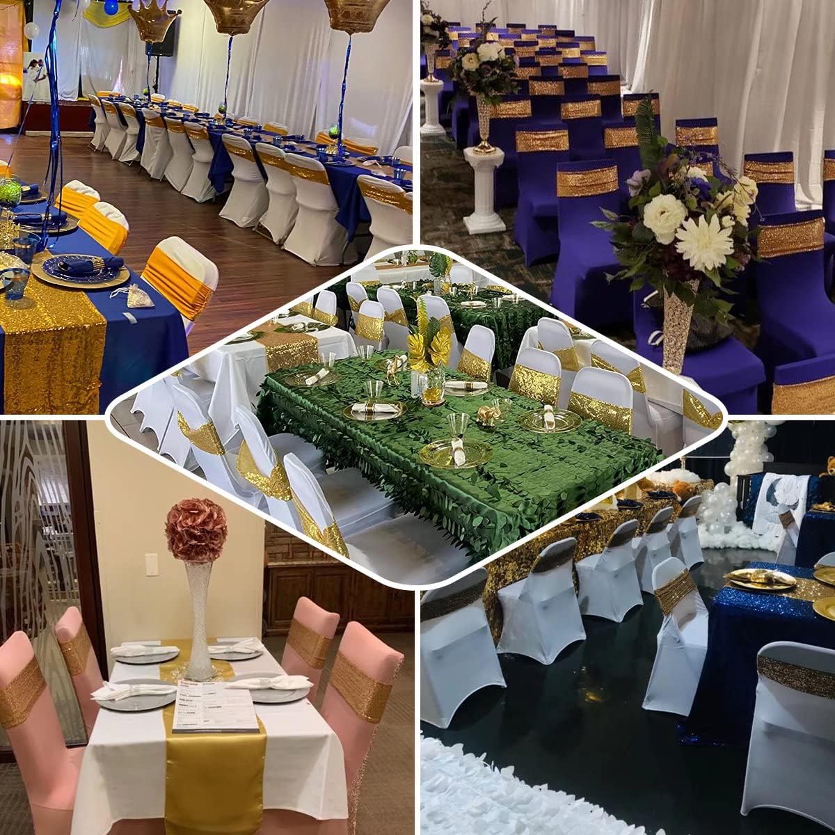 Chair Sashes Sequin Stretch Chair Bands Spandex Polyester Bows for Party Hotel Wedding Banquets Decoration - 6 Pcs Purple