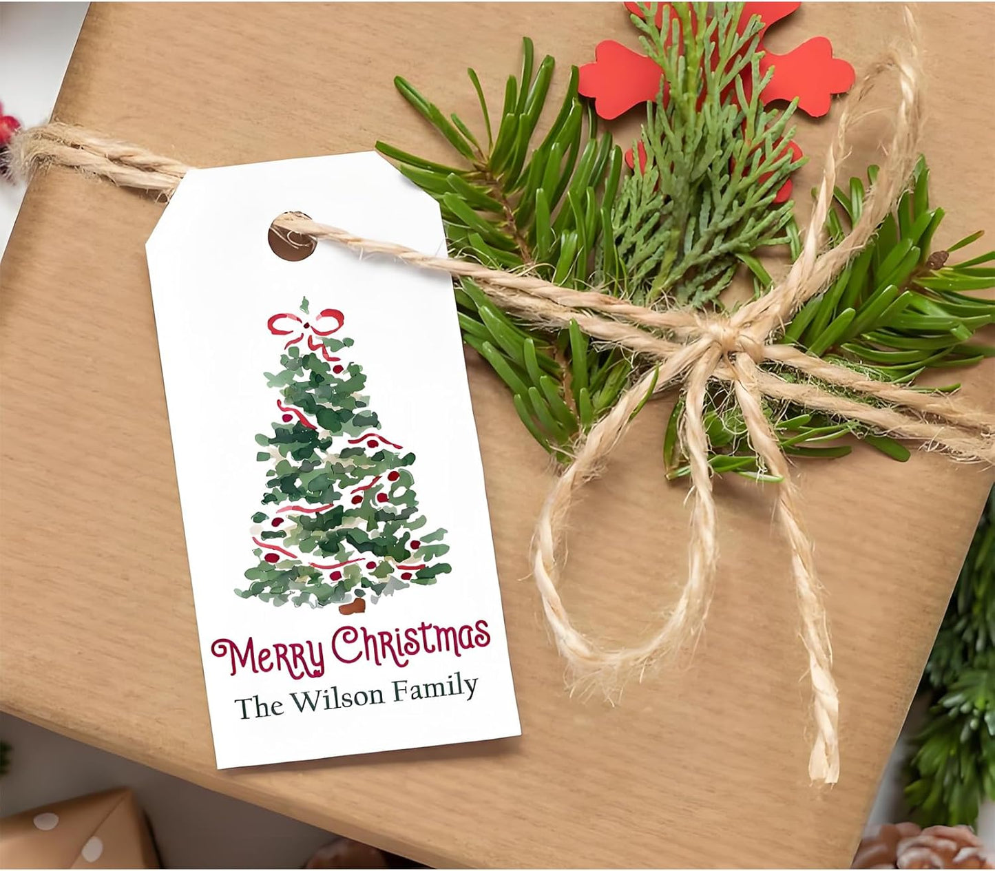 50pcs Custom Merry Christmas Gift Tags Personalized with Your Family Name and Year, Unique Santa Christmas Tree Design Hangtag Party Decorations (Rectangle Tag)