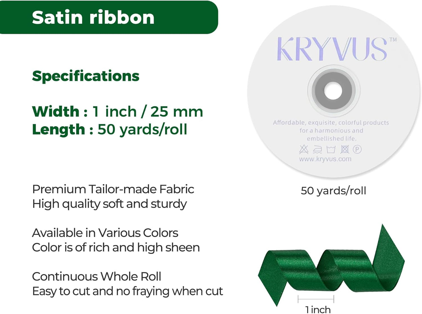 Green Satin Ribbon 1 inch X Continuous 50 Yards, Single Face Polyester Ribbon Perfect for Gift Wrapping, Flower Bouquet, Wedding Decor, Crafts, Bow Making, Sewing and More