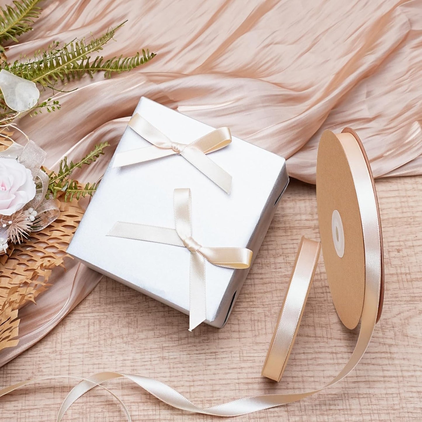 LaRibbons Nude Satin Ribbon 3/8 Inch 25 Yards Luxury Double Faced Silk Ribbon for Flower Bouquet Crafts Gift Wrapping Wedding Party Decoration