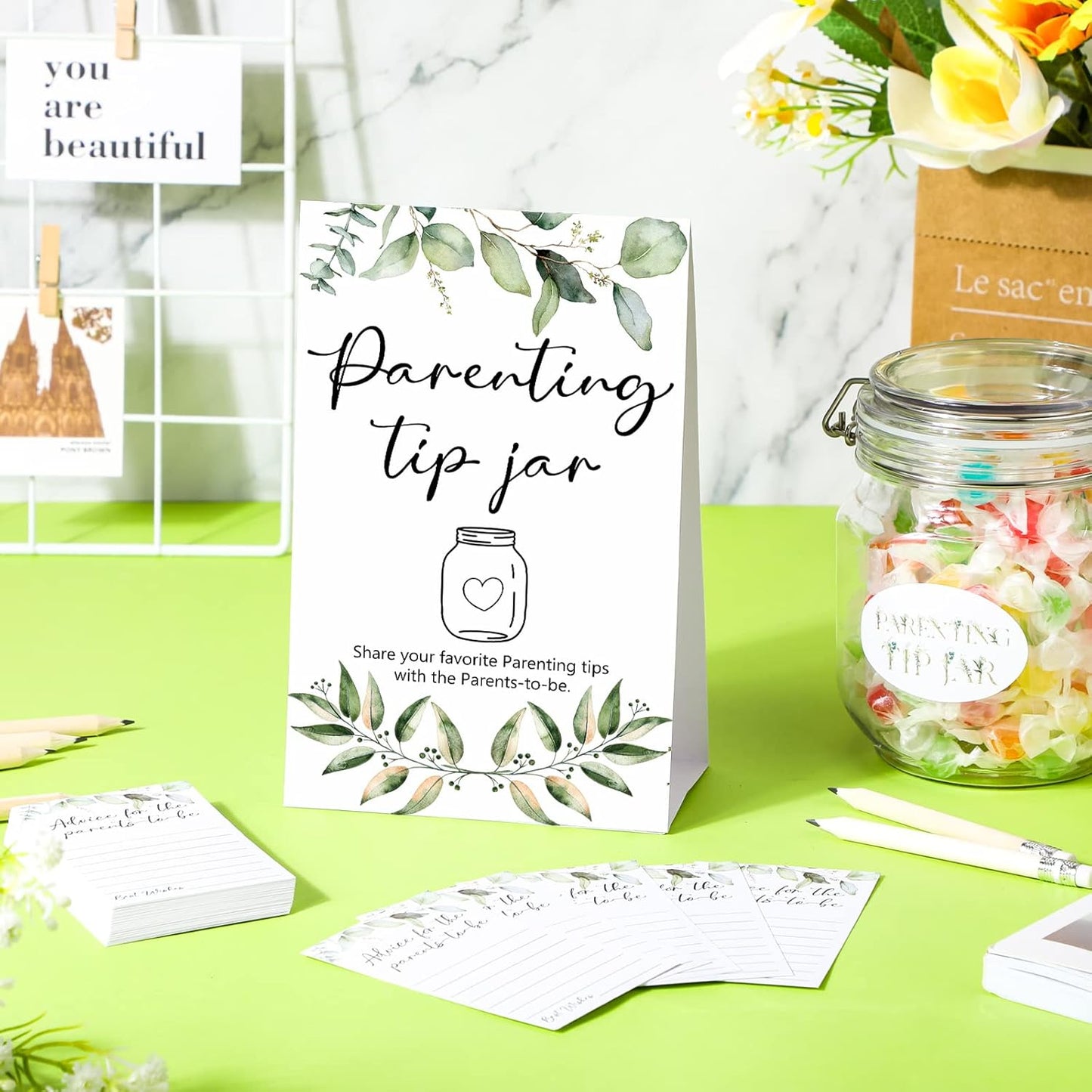 Roowest Baby Shower to Baby Advice Cards for New Parents to Be - Tip Jar Sign for New Parents 60 Parenting Advice Cards 10 HB Pencils 2 Cute Stickers 1 Pet Bottle for Guests Games(Leaf)