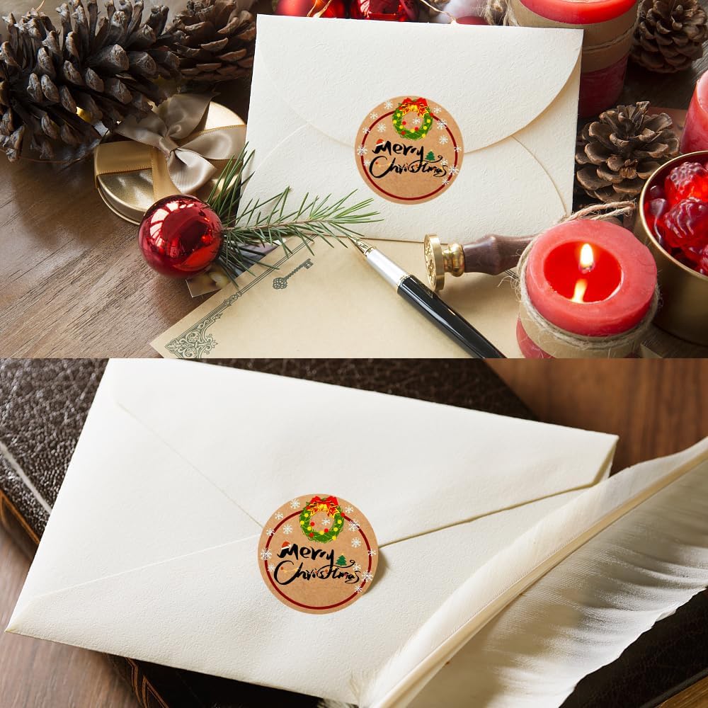 100-1000pcs Custom Stickers Merry Christmas Stickers Personalized Labels Adhesive Xmas Decorative Envelope Seals Stickers for Cards Gift Boxes(Round Kraft-7)