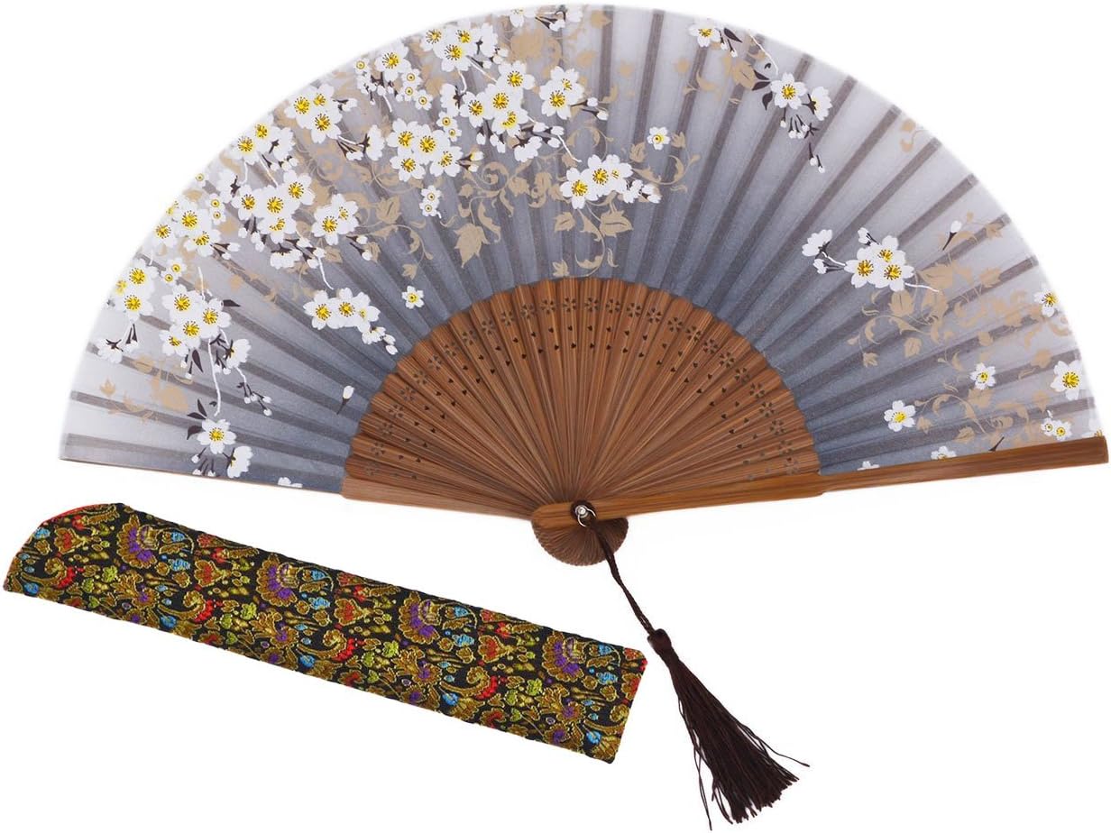 Amajiji Charming Elegant Modern Woman Handmade Bamboo Silk 8.27" (21cm) Folding Pocket Purse Hand Fan, Collapsible Transparent Holding Painted Fan with Silk Pouches/Wrapping. (CZT-06)