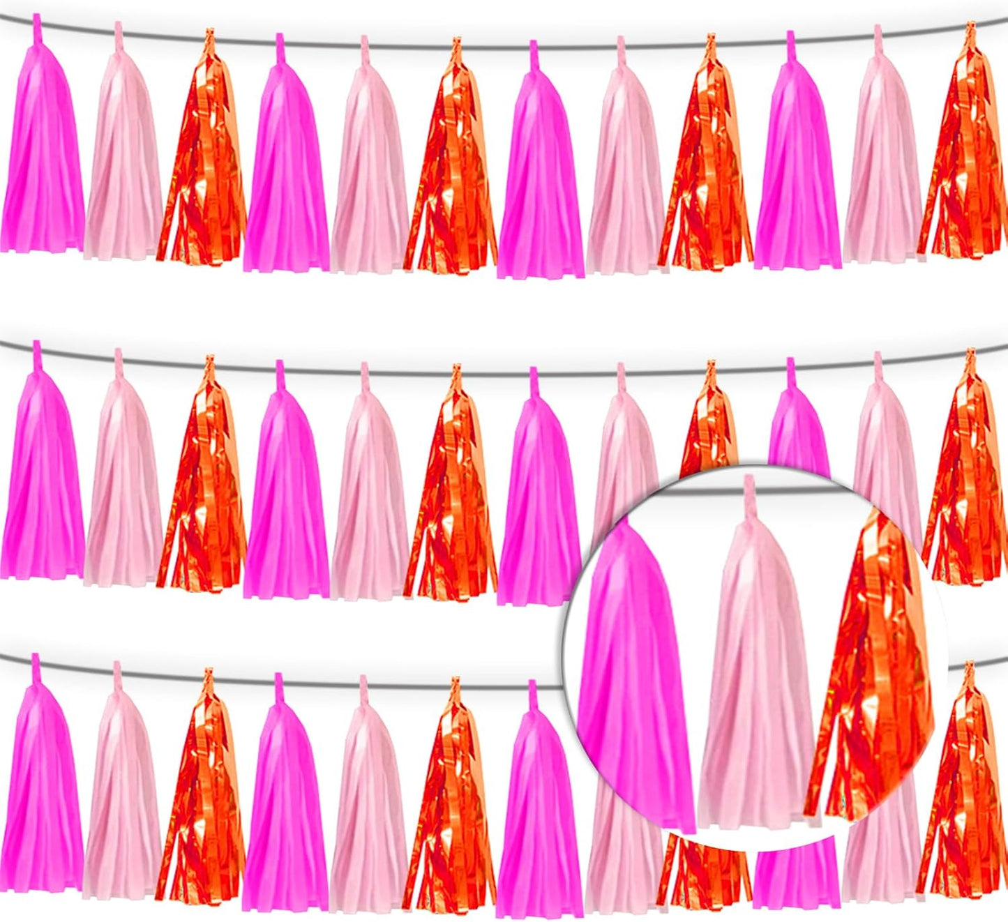 3P Hot Pink Orange LightPink Metallic Fringe Banner Garland Foil Tinsel Streamer Backdrop Banners for Parties, Wall Hanging Curtain Parade Floats,Graduation Decorations, Wedding Party Decoration