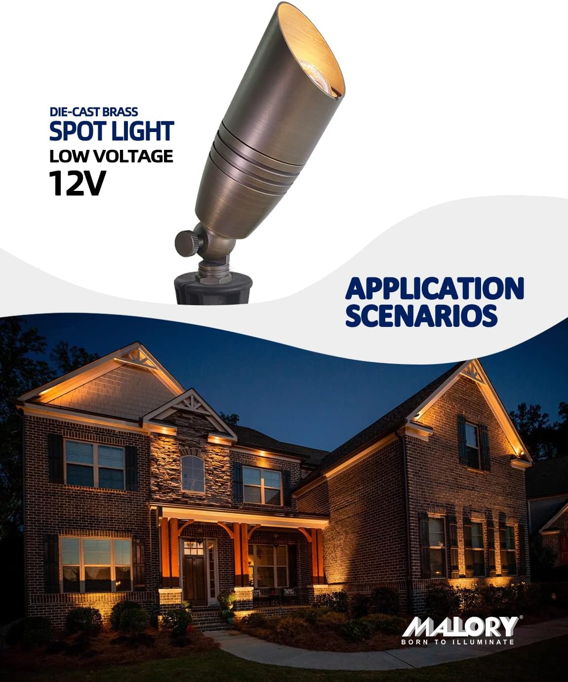 MALORY Brass Landscape Spotlights 12-Pack with Bulb Kit(S02), Low Voltage 12V AC/DC LED Outdoor Spot Uplights for House and Tree,PVC Ground Stake and Wire Connector Included, 5W 2700K Warm White